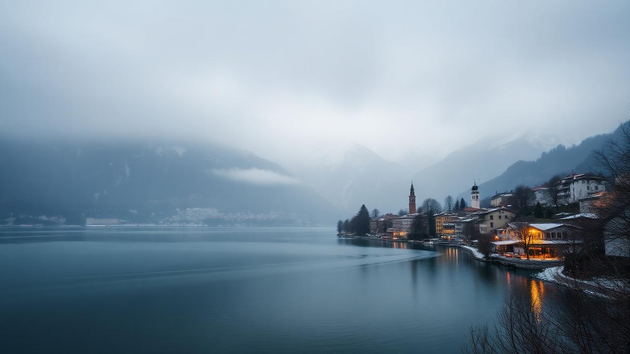 Lake Como in winter with snow-capped mountains, misty lake and cozy lakeside village with warm lights